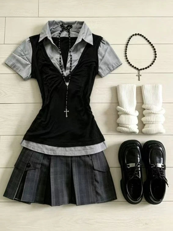 Women Retro Sweet Two‑Piece Outfit Plaid Short Sleeve Top High Waist Pleated Skirt Y2K Harajuku Style Hot Girl Summer Daily Suit