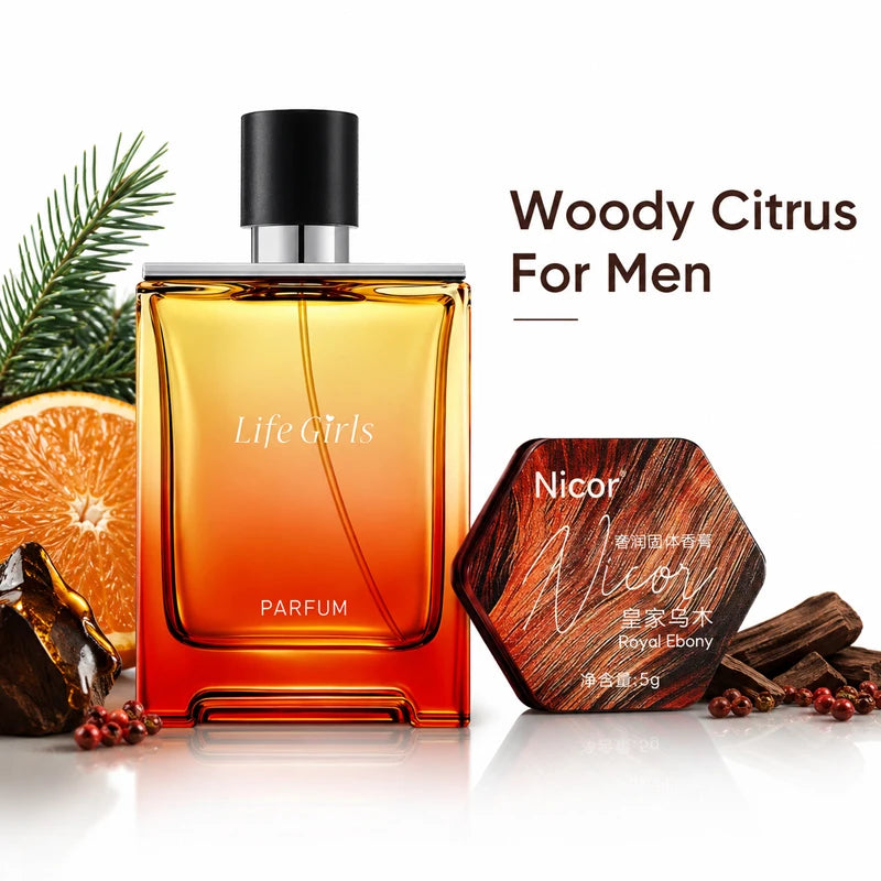 Men's Woody Citrus Perfume Set, Spray Cologne + Solid Perfume Balm, Long Lasting Royal Ebony Travel Fragrance Gift