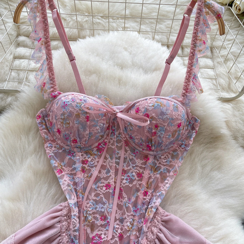 SINGREINY Strap Corset Lingerie Nightdress New Sleeveless Slim Floral Print Mini Nightwear Shapewear Mesh Lace Erotic Mini Dress