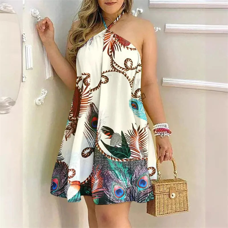 2024 Summer Off The Shoulder Hanging Neck Lace-up Dresses Women Elegant Print Backless Sleeveless Dress Female Casual Short Gown