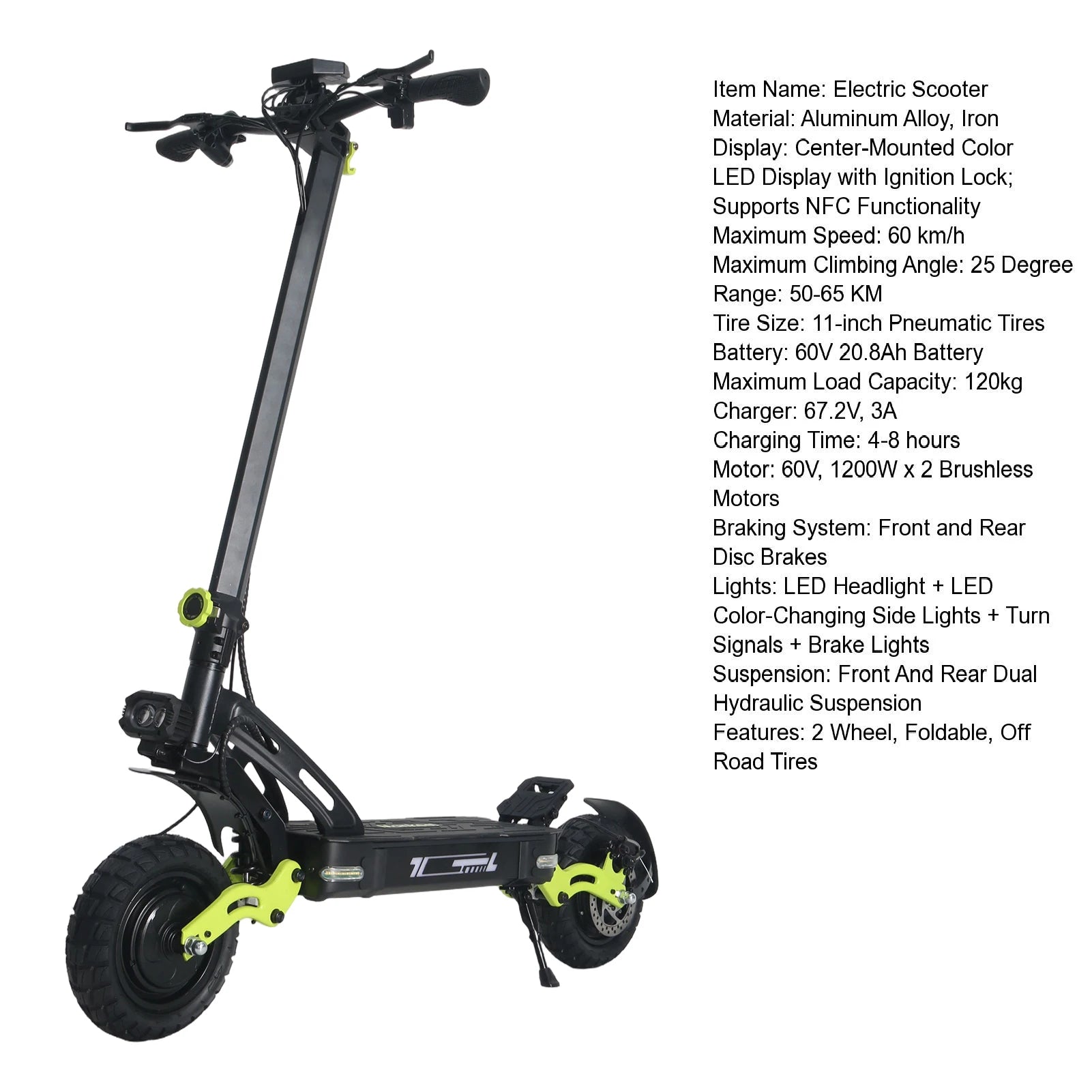 60V 20.8Ah 2400W Dual Motor Electric Scooter with 40MPH High Speed, 40 miles Long Range endurance, 11 Inch Off Road Tire Foldable Adult E Scooter NFC Smart Lock Dual Hydraulic Suspension Disc Brake Max Load 265LBS For Outdoor