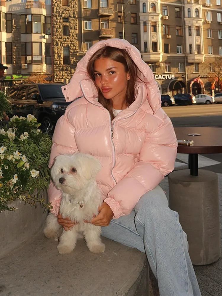 Chic Glossy Zipper Hooded Coat Women's Warm Elastic Waist Pleated Cropped Puffer Jacket 2026 Winter New Lady High Street Outwear