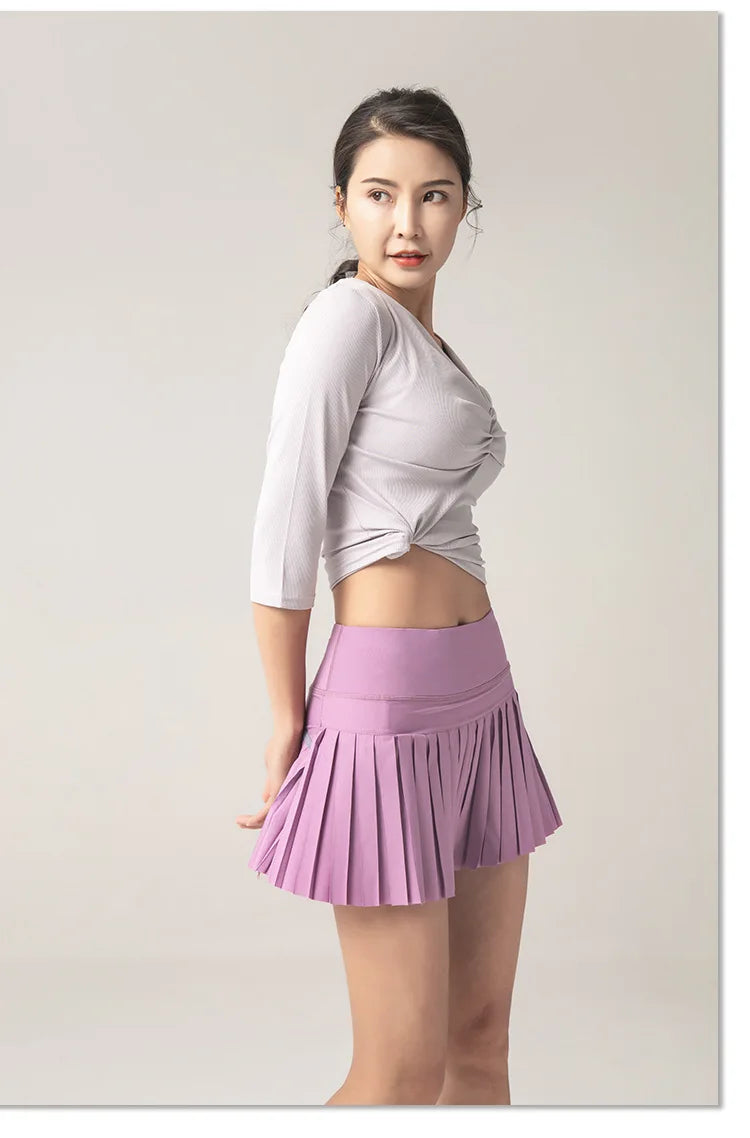 Summer Women Sports Anti Exposure Pleated Golf Tennis Skirts Fitness High Waist Elastic Athletic Run Shorts With Pocket
