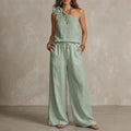 Women's Two-piece Set Slant Collar Top Wide-leg Pants 2026 Summer One-shoulder Suspender Trousers Solid Color New Flower Suit