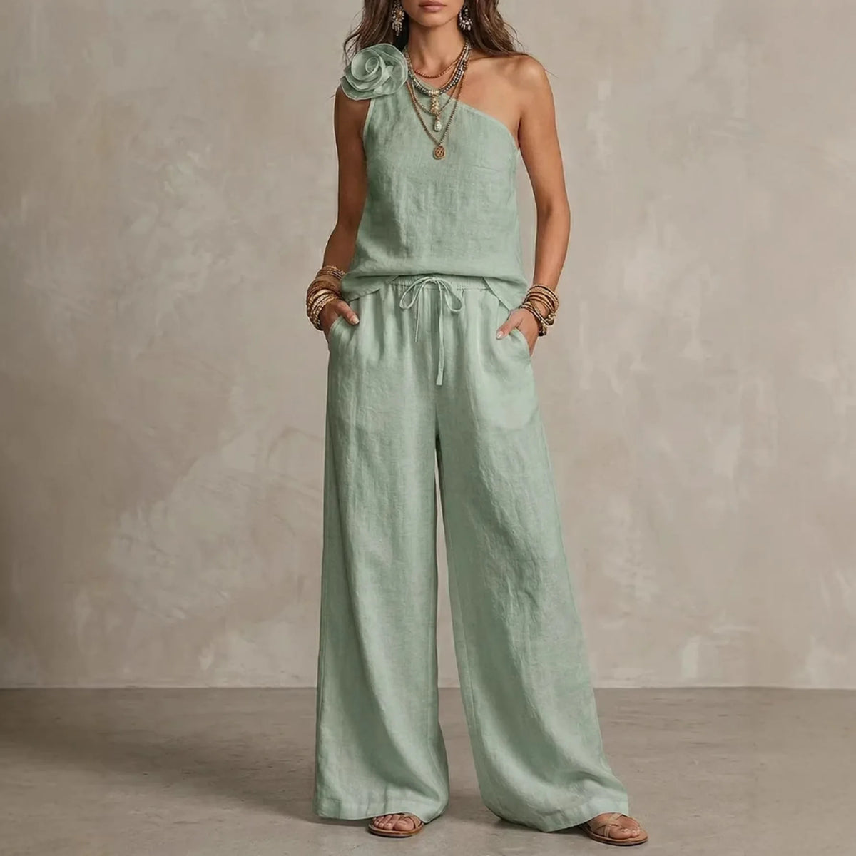 Women's Two-piece Set Slant Collar Top Wide-leg Pants 2026 Summer One-shoulder Suspender Trousers Solid Color New Flower Suit