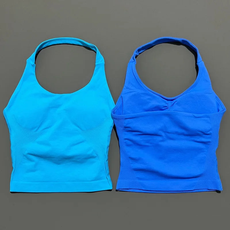 HISTELLO Sports Halter Top Seamless Longline Strappy Gym Tank Top Women Yoga Clothing Workout Fitness Sportswear Pilates Vest