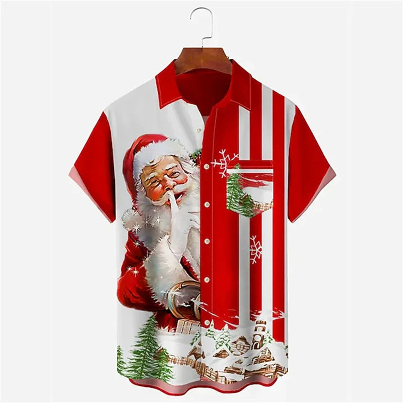 Christmas Men's Santa Claus Print Shirt Daily Wear Autumn Lapel Pocket Shirt Yellow Red Blue Green Fast Shipping