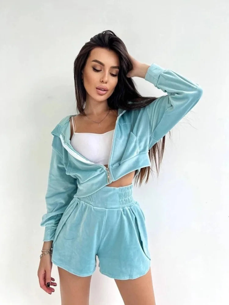 2025 Casual Women's Wear, Zipper Cardigan Long Sleeve Drawstring and Shorts Set, Hoodie Fashion Split Shorts Two-Piece Set