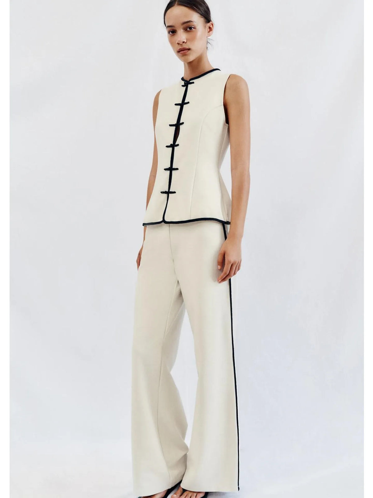 No-Sleeve round Neck Rope Knot Top with Wide Leg Pants Straight Cut Color Block Design Women's Fashion Set Autumn Collection