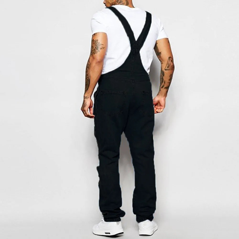 2026 Men's Ripped Denim Overalls Fashion Full Length Suspender Pants Man Jeans High Street Jumpsuit Distressed Casual Trousers