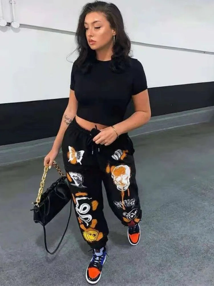 Sweatpants Women Hippie Cartoon Printed Trouser Joggers for Women Drawstring Cargo Pants Streetwear Casual Sweatpant Vamos Todos