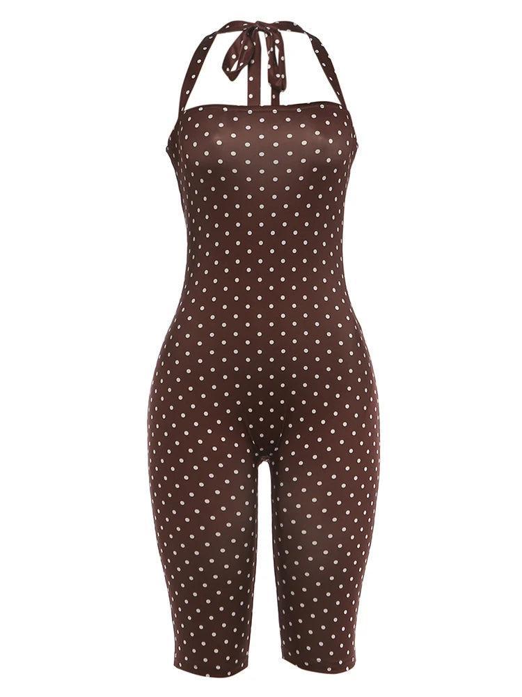 Kliou Sexy Off Shoulder Playsuits Woman Polka Dot Print Bandage Halter Backless Skinny Peach Hip Hot Girls Street Fashion Romper