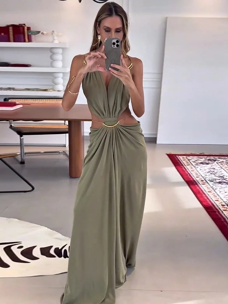 Sexy Hallow Out Long Party Dress Women Slim Sleeveless Backless Chic Pleated V-neck Ring Dresses Female 2026 Summer Lady Robe