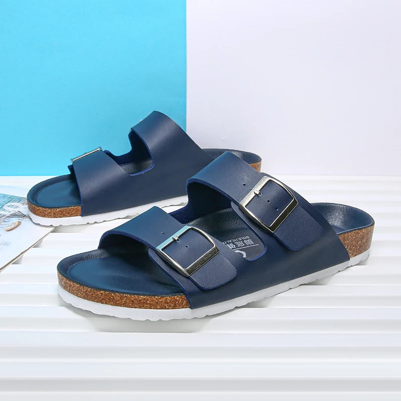 Summer Men Women Cork Slippers Clogs Microfiber Leather Slides Casual Slip On Sandal Double Buckle