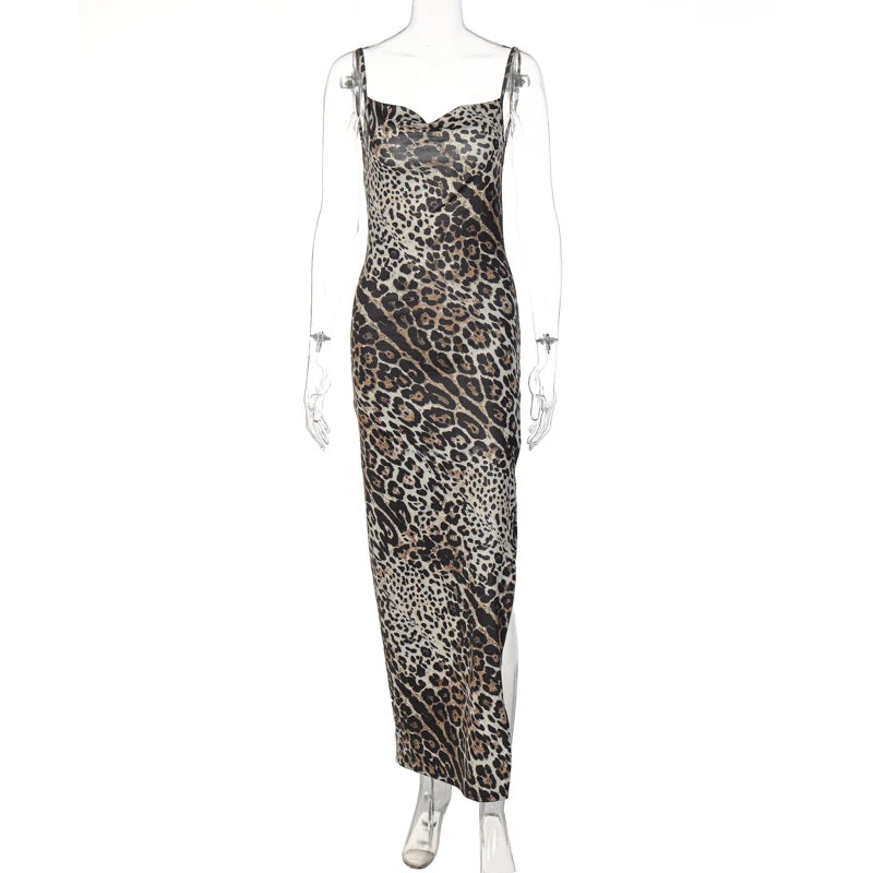 Hugcitar Leopard Print Swing Collar Sleeveless Sexy Maxi Slit Prom Dress Summer Women Fashion Y2K Clothes Party Beach Vacation