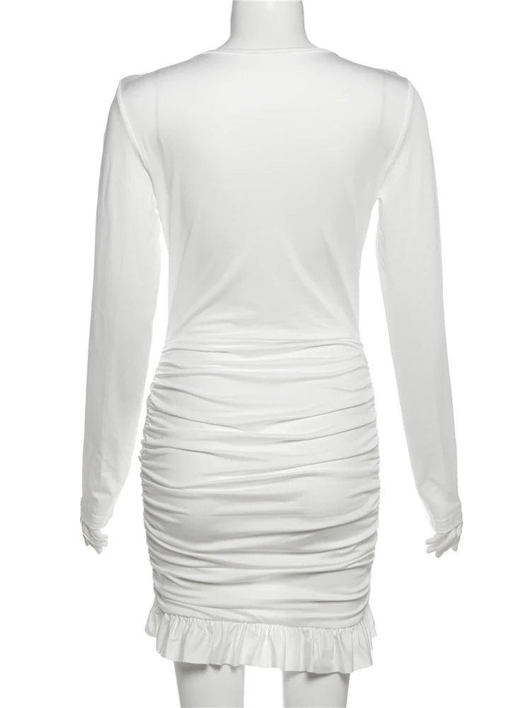 Sisterlinda Cross Ruffle Trim Mini Dress Simple Solid V-neck Ruched Full Sleeve Body-shaping Frock Female Classic Street Vestido