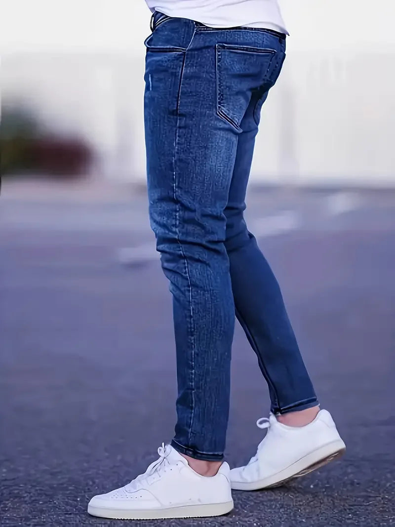 Men's Slim Fit Stretch Denim Jeans with Ripped Detail & Contrast Stitching, Fashion Streetwear Casual Trousers for Daily Wear