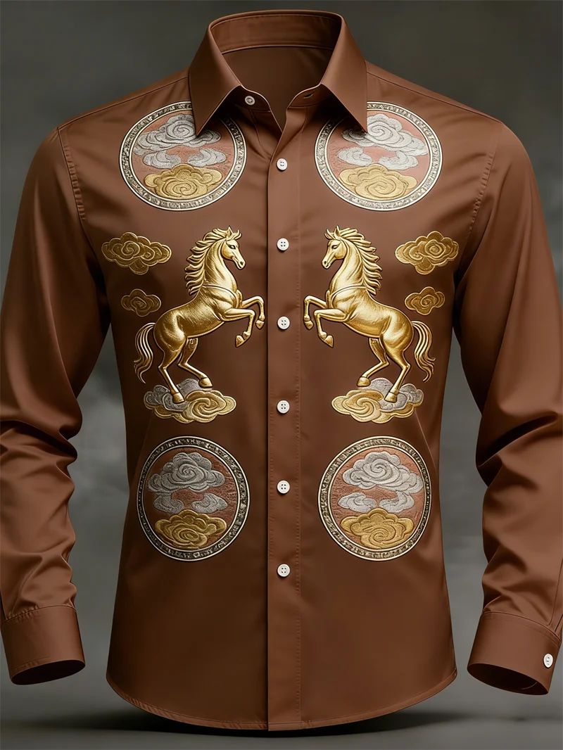 New Men's Long Sleeved Shirt Casual Button Lapel 3D Printed Horse Pattern Luxurious Men's Top Soft and Comfortable