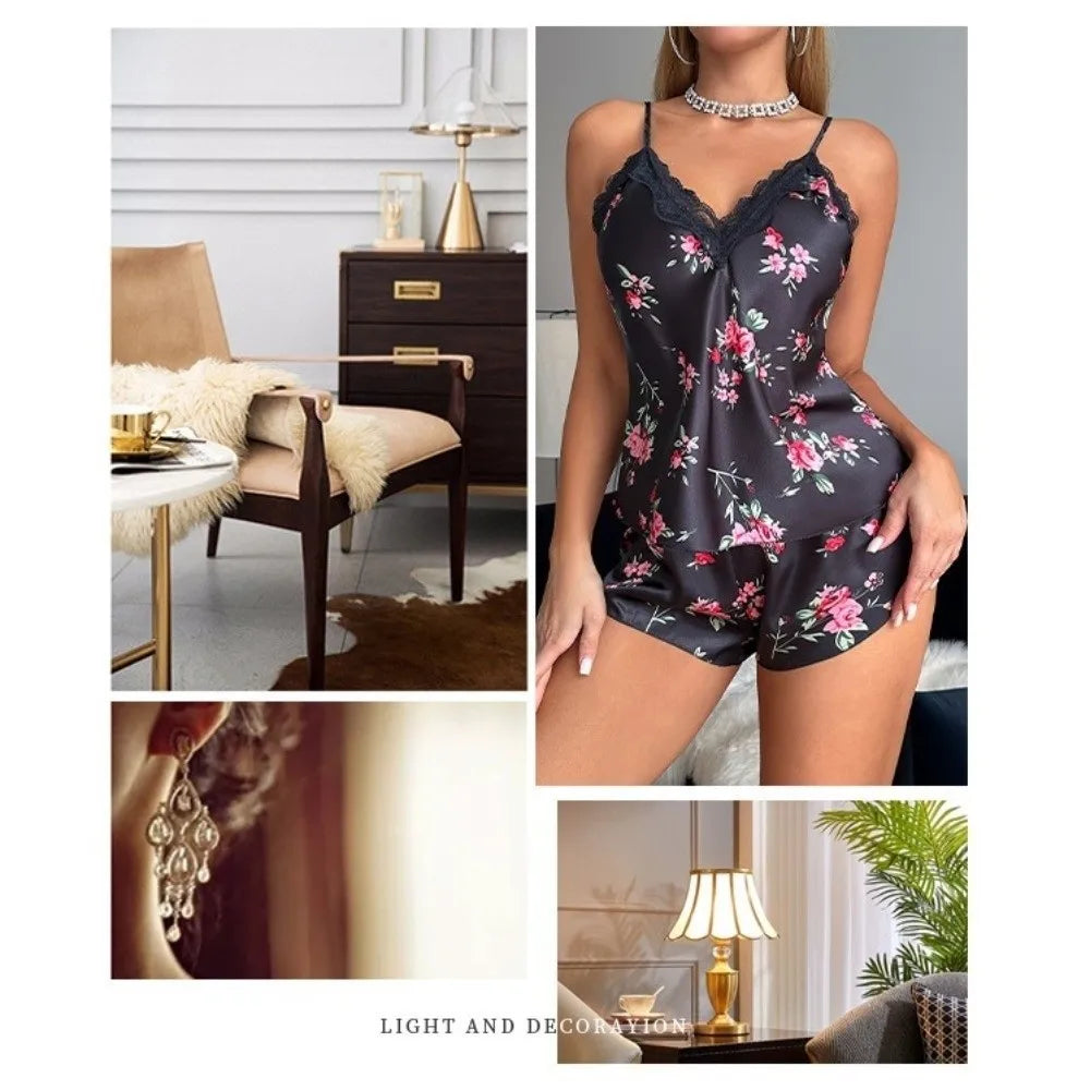 Satin Ice Silk Women's Printed Pajamas Set Lace-Trimmed V-Neck Floral Printed Ice Silk Suspender Sleepwear Shorts And Long Pants