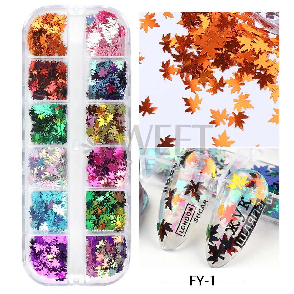 12 Grids Mirror Gold Maple Leaves Nail Art Sequins Autumn Leaf Design DIY Charm Jewelry Fall Theme Glitter Flakes Manicure Decor