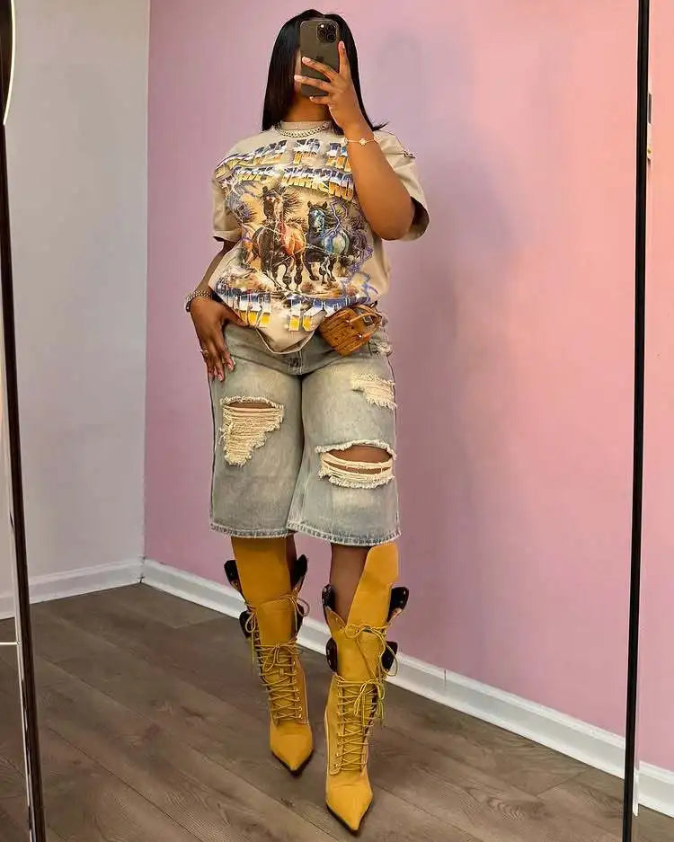 Europe America Summer New High-waisted Loose, Vintage, Ripped Denim Mid-length Straight-leg Wide-leg Pants. Casual Denim Shorts