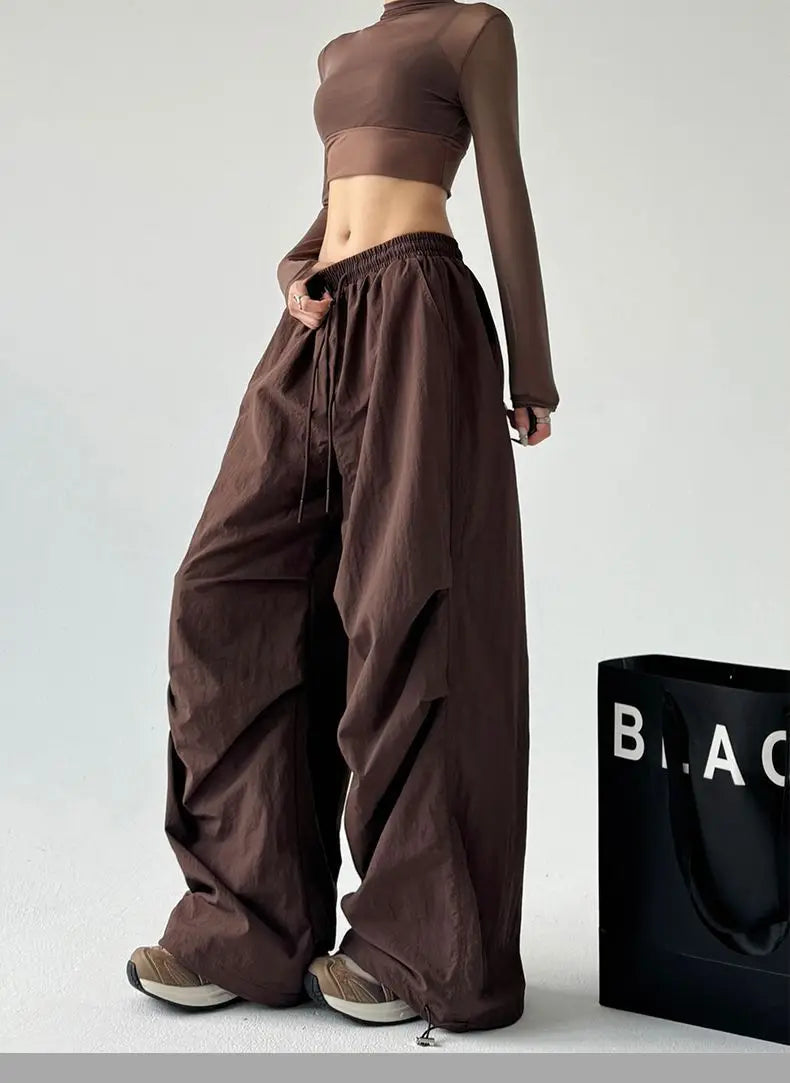 Women's Brown Parachute Pants 2026 Summer New Loose Straight Wide Leg Trousers Casual Quick Dry Cargo Pants Streetwear