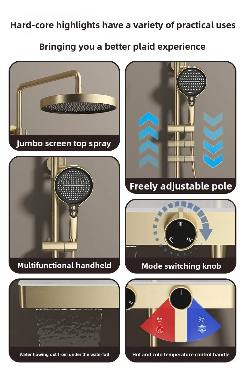 Hotel Grade All Copper Waterway Shower Set Hot Cold Multifunction Pressure Shower Head Storage Shelf Copper Shower Set Bathroom