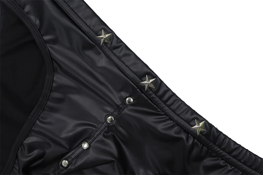 Men's Black Faux Leather Tank Tops With Low Rise Briefs Sexy Side Lace-up Button Nightclub Dance Costumes Mini Vest T-shirts Set