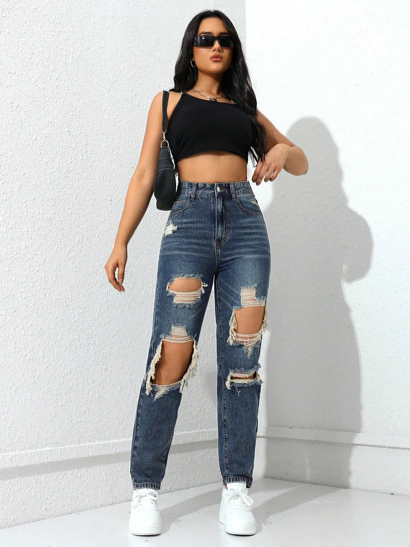 Women's High Waist Ripped Denim Jeans with Distressed Knee Holes and Straight Leg Fit for Casual Streetwear Fashion