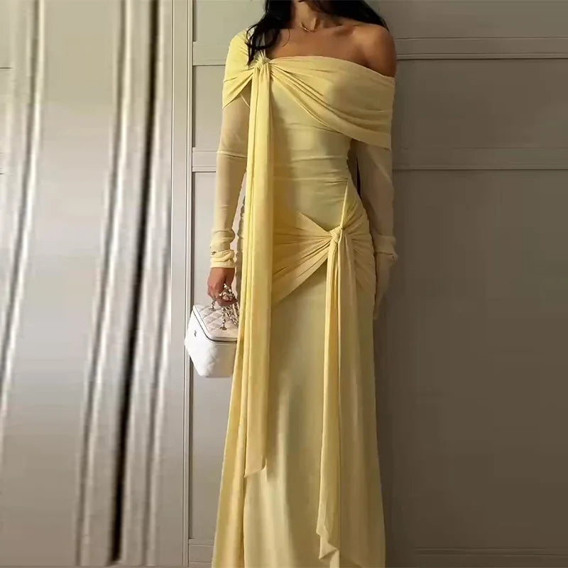 Yellow Pleated Off-shoulder Ribbon Dress Women's Sexy Lace Up Full Sleeve Bodycon Dresses 2025 Autumn New Elegant Party Vestidos