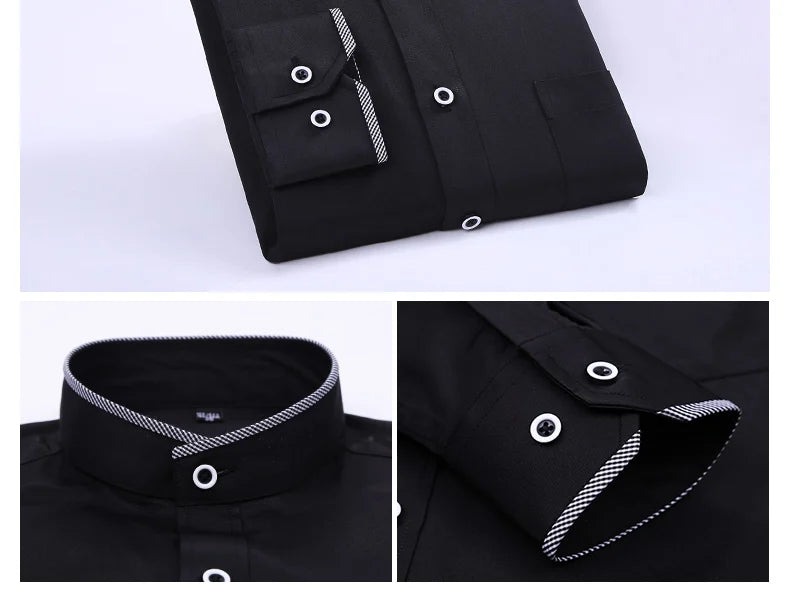 Men's Stand Up Collar Shirt Classic Round Neck Slim Fit Vertical Collar Long Sleeved White Shirt