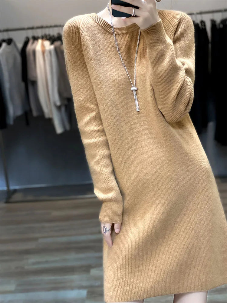 Knit Dresses for Women's Fashion Sweater 100% Merino Wool Winter Ladies O-Neck Warm Knitted Dress Fall Female Casual Black Skirt