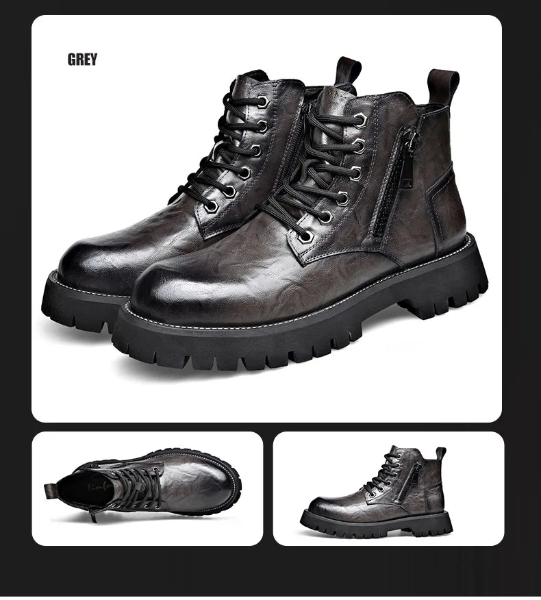 2025 autumn and winter boots men's British style versatile high top leather shoes workwear snow leather boots men's short boots