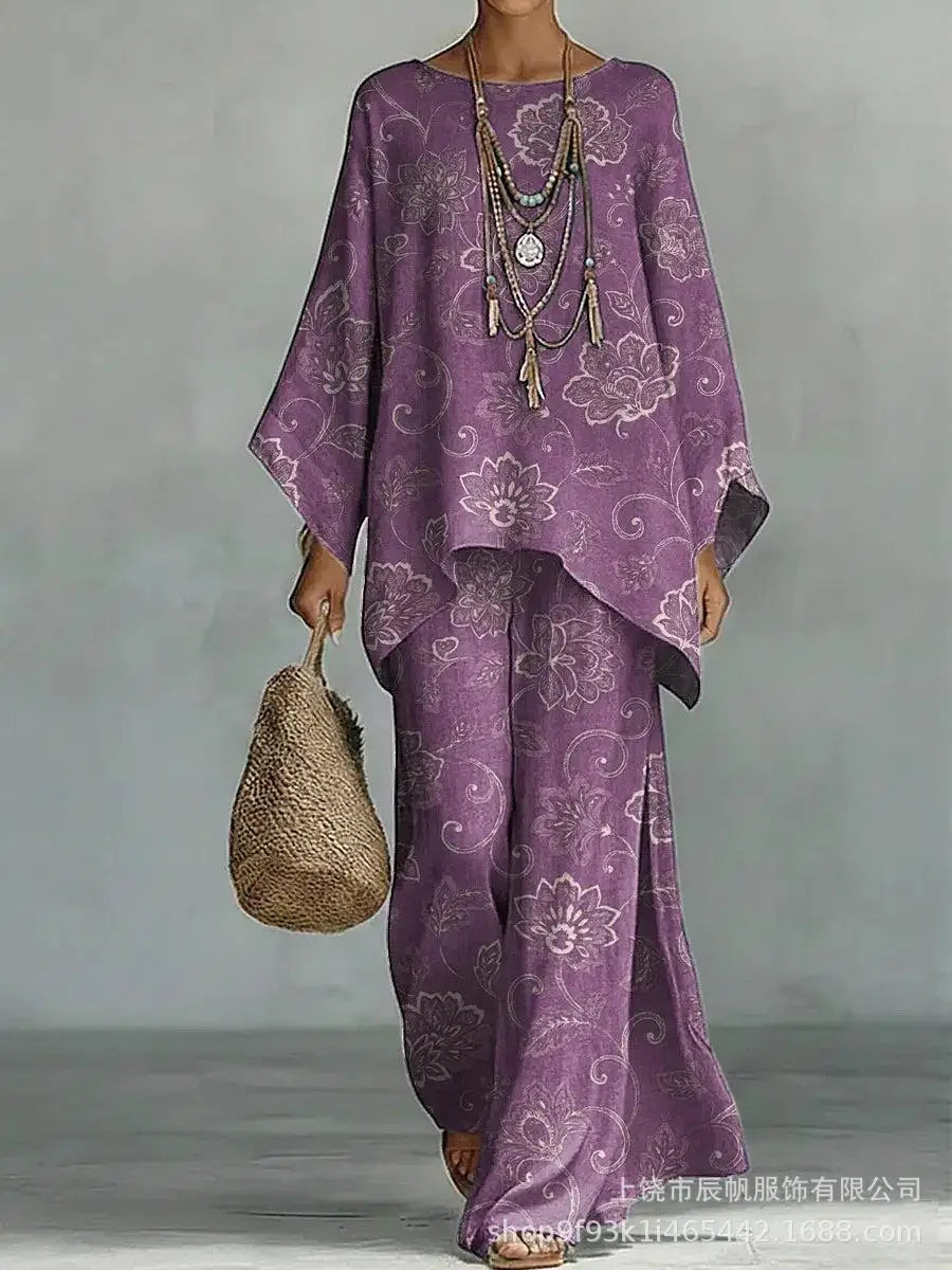 Bohemian Foreign Style Printed Women's Two-piece Set Spring Fashion O-neck Loose Top+wide Leg Pants Suit Ladies Office Outfit
