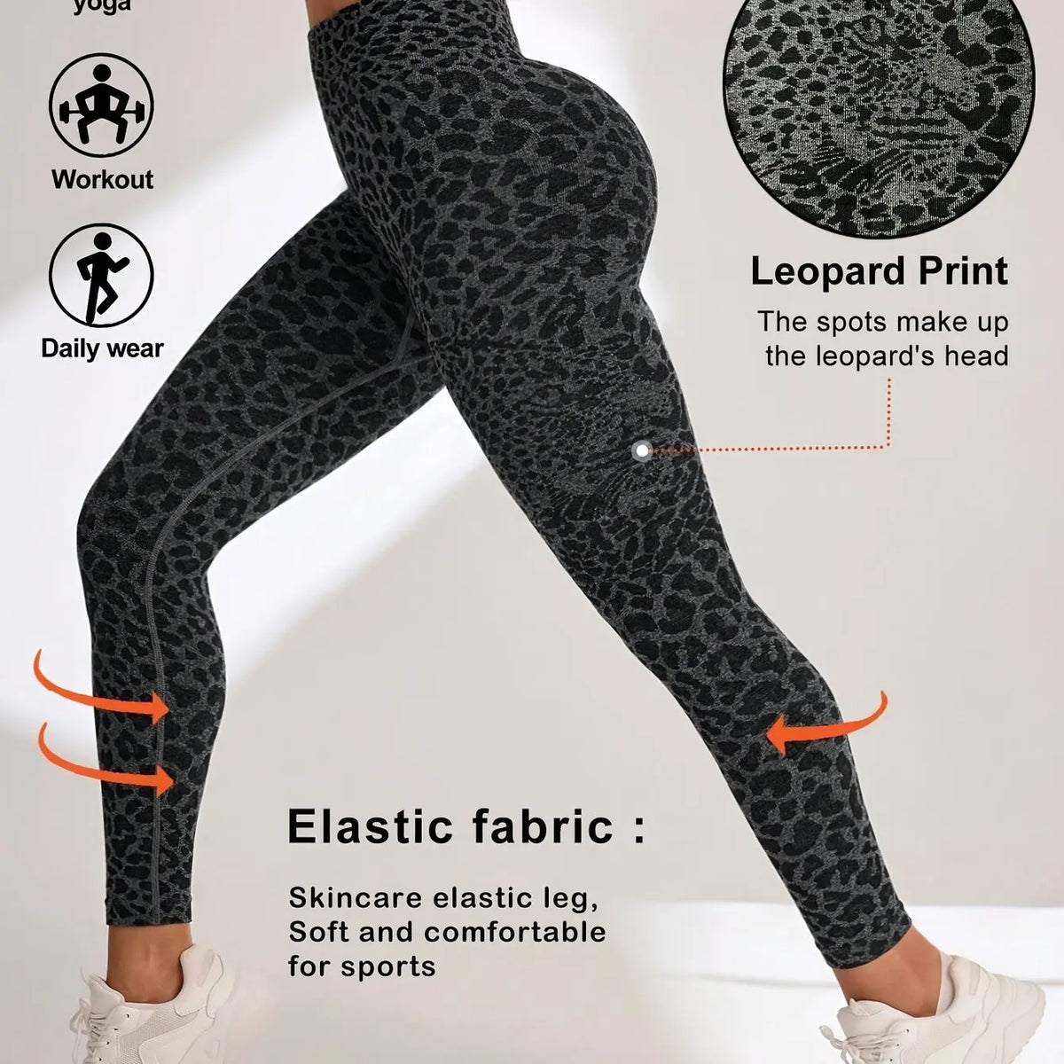 Women Mid‑Rise Fleece Lined Leggings Grey Leopard Print Slim Stretchy Warm Yoga Workout Pants