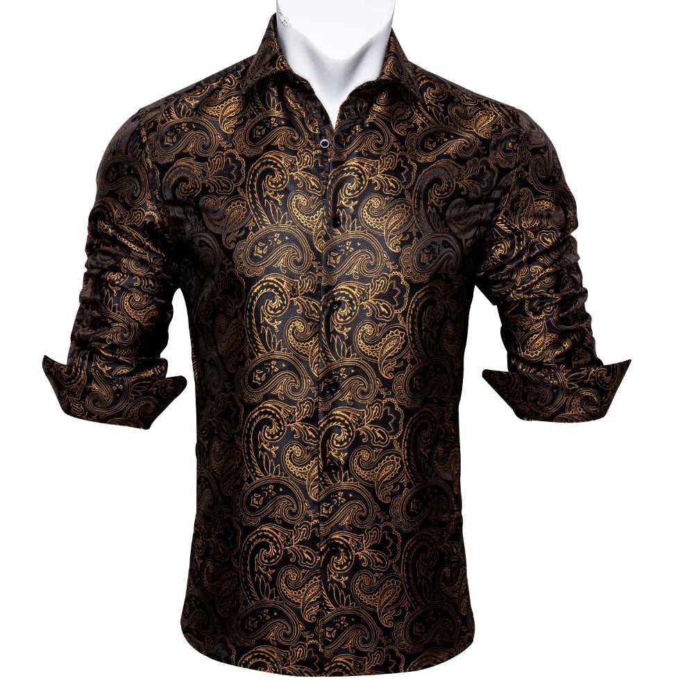 Gold Paisley Bright Shirts Men Autumn Long Sleeve Casual Flower Shirts For Men Designer Fit Dress Shirts BCY-07