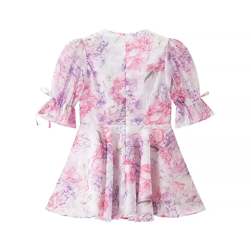FSMG Sweet Pink 3D Flower Big Puff Sleeve V Neck Dress Fashion French Style High Waist A-line Mini Sexy Short Skirt Evening Robe