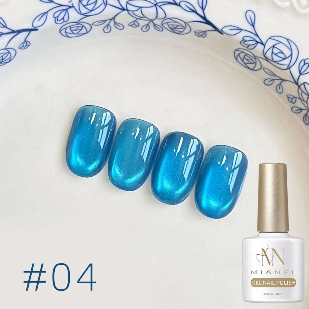 MIANEL 2026 Blue Moon Cat Eye Nail Gel Vibrant Sparkling Blue Glass Bead Effect Skin-Flattering Trendy Cat Eye Nail Art Manicure