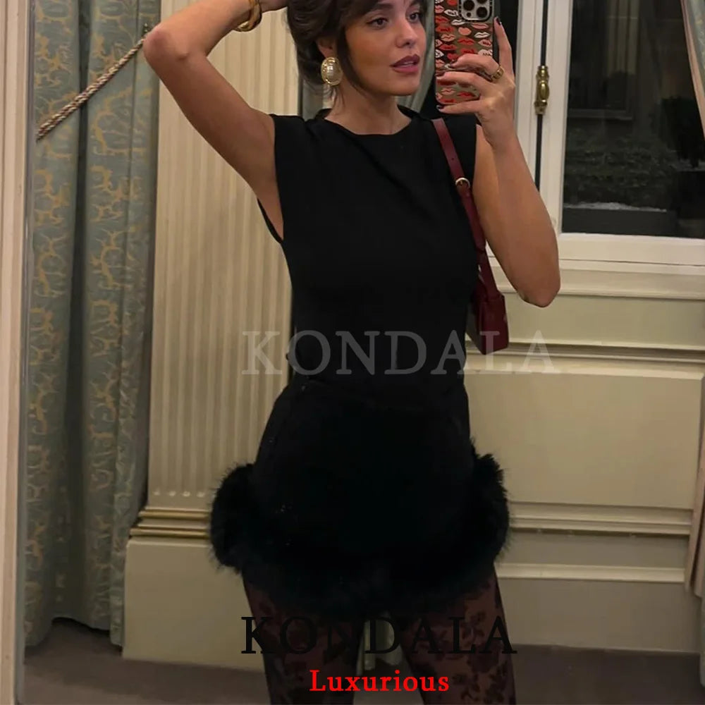 KONDALA Sexy Chic Black Fur Patchwork Shorts Women Fashion 2026 Party Evening Club Wide Leg Shorts Elegant Y2K Girl New Year