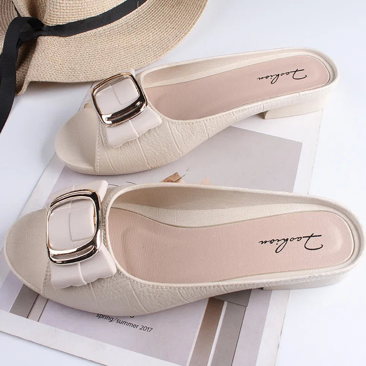 Summer Women Square Buckle Open-Toe Slippers Single Strap Flat Sandals Lady Solid Color Outdoor Beach Shoes Adult Casual Sandals