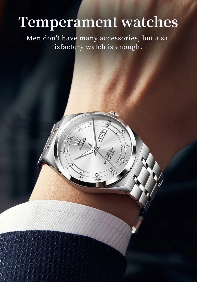 OLEVS 7068 Mens Watch Original Automatic Menchanical Wristwatch Waterproof Luminous For Men Sport Date Dual Calendar Design