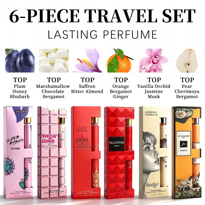 6-Piece Travel Set, Men's and Women's Eau De Toilette Spray, Long-Lasting Fragrance, 6 Different Flavors, Perfect for Holiday Gift