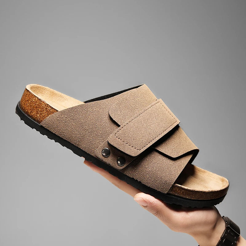 Men's Cork Slippers Suede Leather Clogs with Open Upper Comfort Footbed Adjustable Sandals Slides Indoor Home Shoes Women Couple