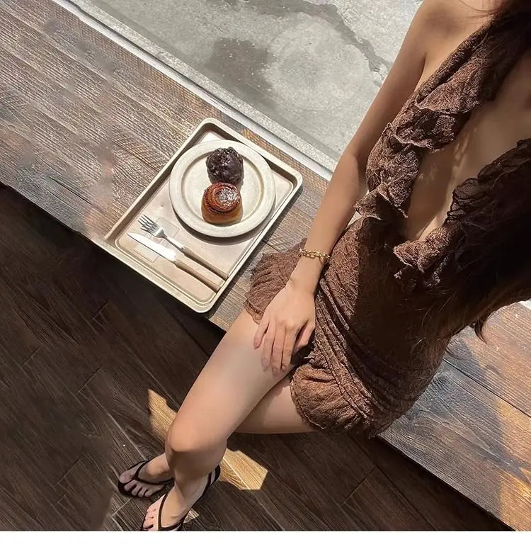 Sexy retro vacation ruffle edge deep V halter neck dress female slim slim slim skirt