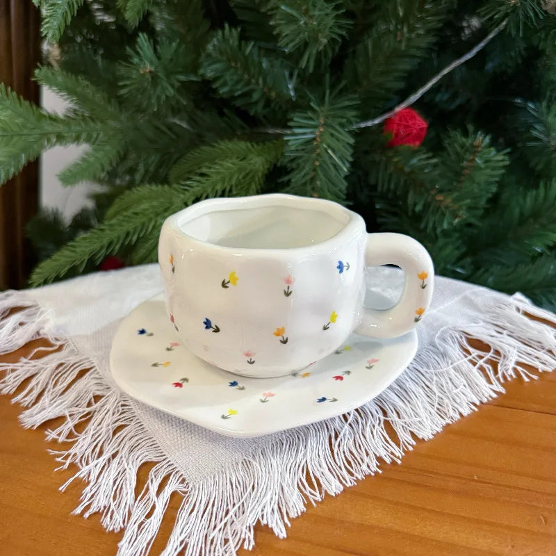 ins style retro flower ceramic cups and saucers, hand-squeezed irregular coffee cups and saucers, afternoon tea cups and saucers