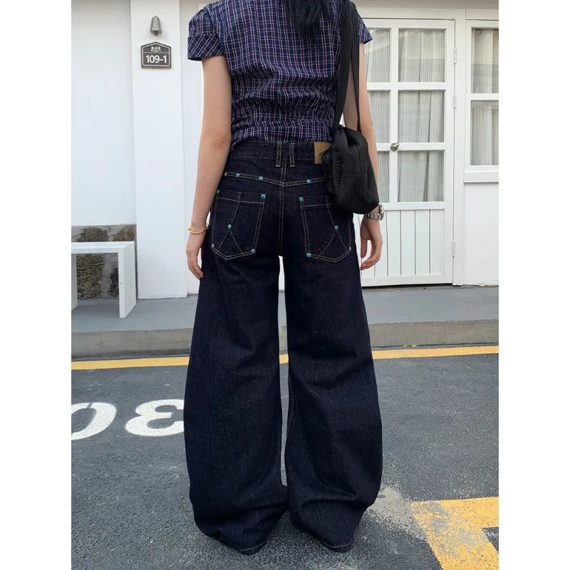 American Retro Blue Jeans Women Y2k Vintage Oversized High Street Wide Cargo Denim Trousers Casual Baggy Straight Denim Pants