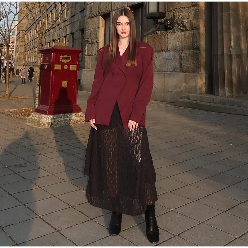 Fashion Wine Red Women Blazer Set Casual Long Sleeve Single Breasted Lapel Female Suit 2025 Spring Streetwear Lady Suits
