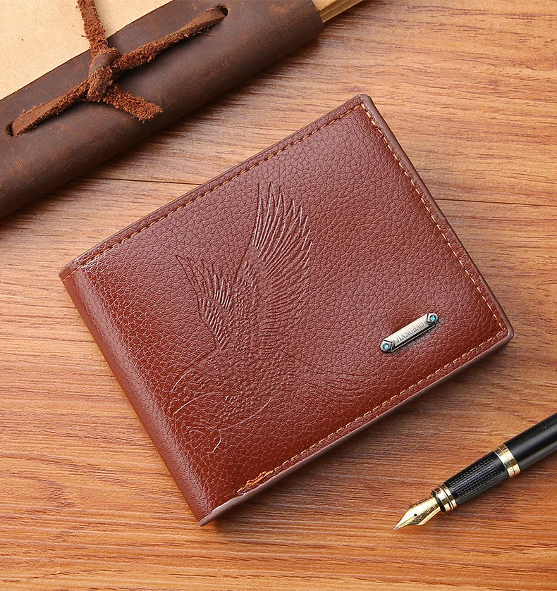 Classic Men's Leather Wallets Slim Minimalist Hawk Pattern Bifold Credit ID Card Holder Wallet Purse Short Thin Money Clip