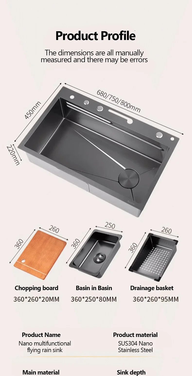 304 Sink Key Digital Display Waterfall Rain Sink Stainless Steel Large Single Trough Hand Basin Washing Dishes Under The Basin