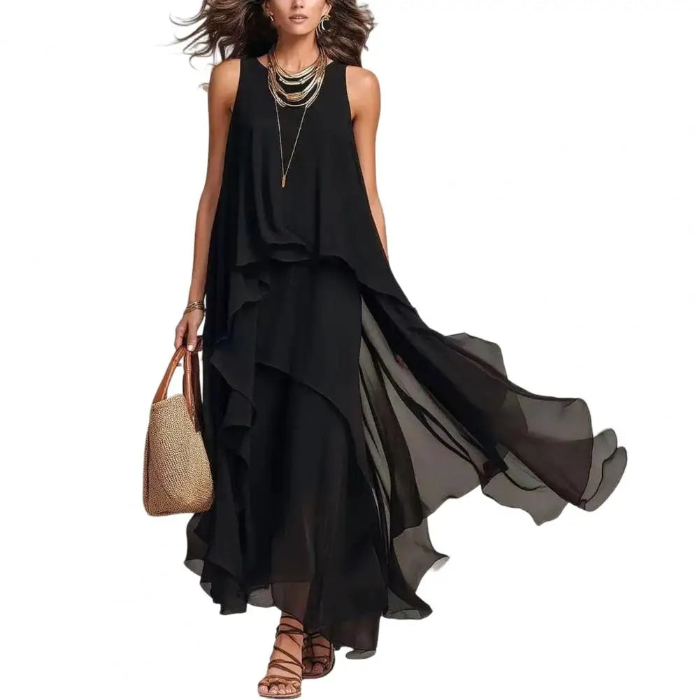 Elegant Chiffon Dress Women Loose Fit Summer Dress Women's Flowy Chiffon Dress Sleeveless Crew Neck Gown Asymmetrical Hem Summer